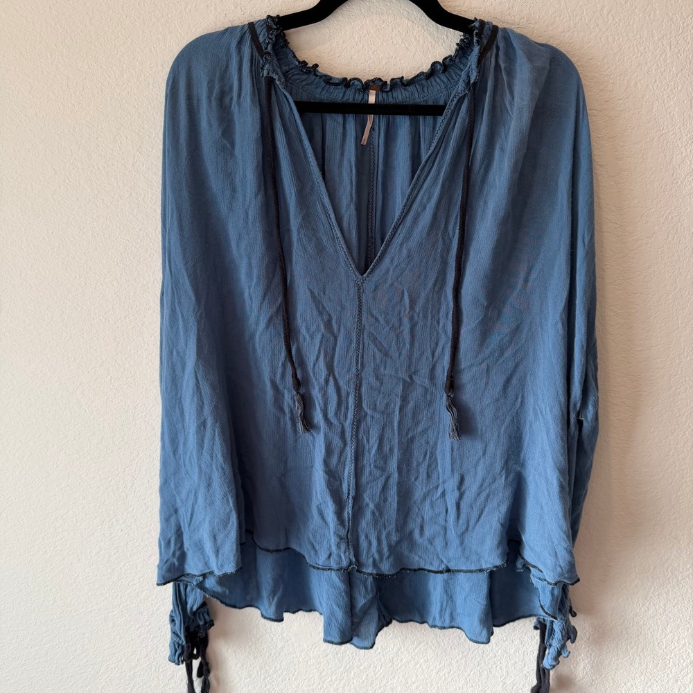 Free People Blue Boho Peasant Blouse V-Neck Tassel Tie Long Sleeve Top Medium